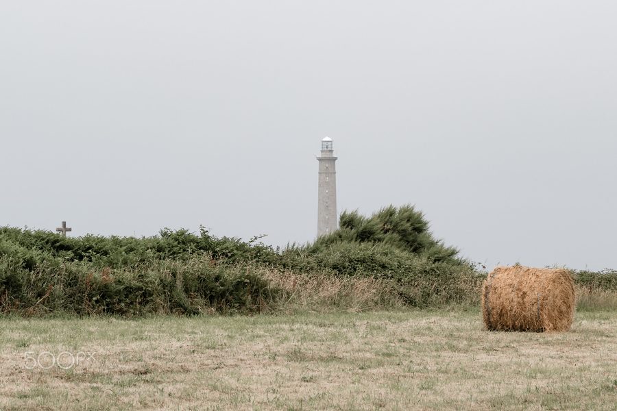 Phare de la Hague vor einer grasbewachsenen Küstenlandschaft am Meer