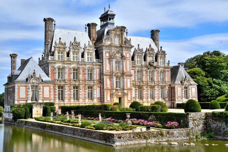 Château de Beaumesnil, a 17th-century château in Normandy, surrounded by a moat