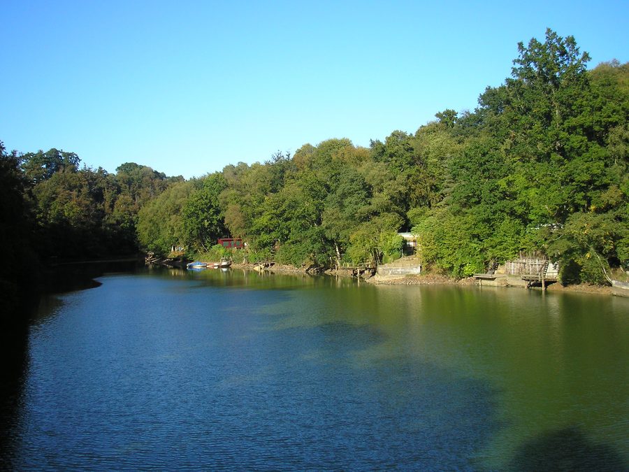 Lac de Vezins bei Virey in der Normandie mit einem vom Yvrande gespeisten Seitenarm
