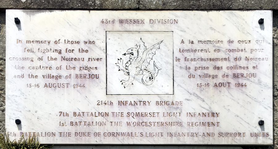Plaque dedicated to members of the 214th Infantry Brigade, 43rd Wessex Division, who fell during the liberation of Berjou on 15–16 August 1944.