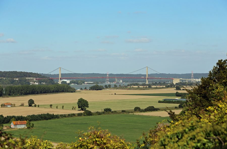 The Marais Vernier wetland seen from Pointe de La Roque, with the Tancarville bridge in the distance
