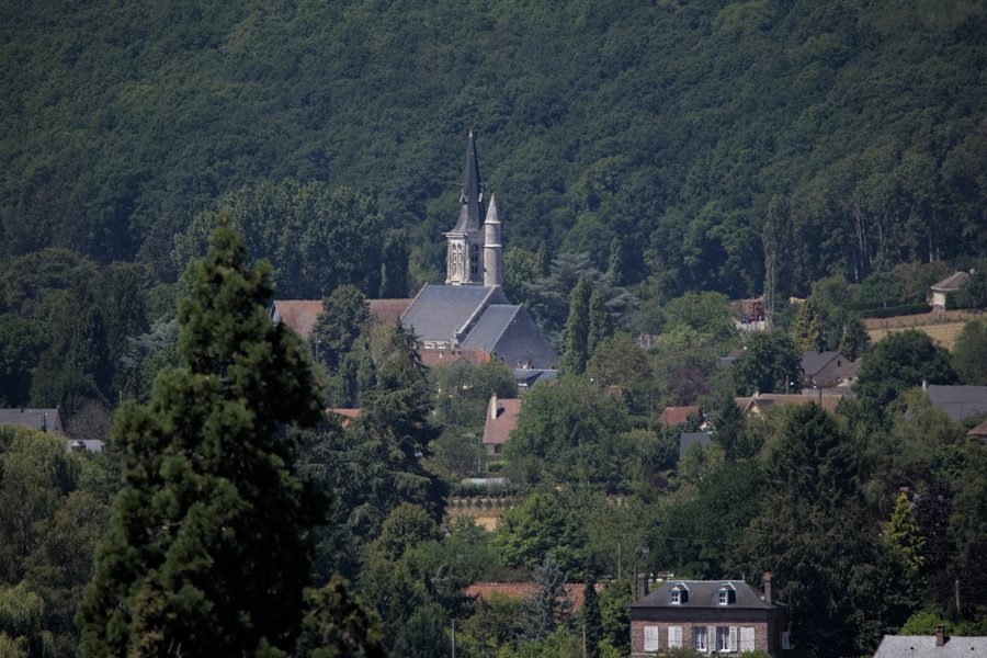 The church of Appeville-Annebault seen from the medieval castle in Montfort-sur-Risle.